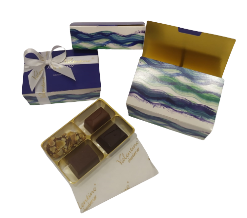 Caja regalo de color Azul Valentino 4 Bombones - Valentino Chocolatier Asturias